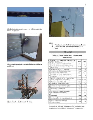 Fig. 2 Ponto de toque por terceiro no cabo condutor da
Linha, energizado.
Fig. 3 Ponto de fulga da corrente elétrica na residência
do Cliente.
Fig. 4 Trabalho de alteamento de Torre.
Fig. 5
a) Finalização do trabalho de alteamento de Torre;
b) Ganho de 3.15m, passando a atender a NBR-
5422.
VI. ANEXO
DISTÂNCIAS DE SEGURANÇA NORMA ABNT
NBR-5422/1985
NANNATUREZA DA REGIÃO OU OBSTÁCULO
ATRAVESSADO PELA LTA
88kV 138kV
1 LOCAIS ACESSÍVEIS A PEDESTRES 6,0m 6,3m
2
LOCAIS ONDE CIRCULAM MÁQUINAS
AGRÍCOLAS
6,5m 6,8m
3 RODOVIAS, RUAS E AVENIDAS 8,0m 8,3m
4 FERROVIAS NÃO ELETRIFICADAS 9,0m 9,3m
5 FERROVIAS ELETRIFICADAS 12,0m 12,3m
6
SUPORTE DE LINHA PERTENCENTE À
FERROVIA
4,0m 4,3m
7
ÁGUAS NAVEGÁVEIS ( H = ALTURA DA
EMBARCAÇÃO ATÉ O MASTRO )
H+2,0m H+2,3m
8 ÁGUAS NÃO NAVEGÁVEIS 6,0m 6,3m
9 LINHAS DE ENERGIA ELÉTRICA 1,2m 1,5m
1
0
LINHAS DE TELECOMUNICAÇÕES 1,8m 2,1m
1
1
TELHADOS E TERRAÇOS 4,0m 4,3m
1
2
TELHADOS E TERRAÇOS ( CASO
ACESSÍVEIS A PEDESTRES )
6,0m 6,3m
1
3
PAREDES 3,0m 3,3m
1
4
INSTALAÇÕES TRANSPORTADORAS 3,0m 3,3m
1
5
VEÍCULOS RODOVIÁRIOS E
FERROVIÁRIOS
3,0m 3,3m
As distâncias indicadas são para os cabos condutores, nas
temperaturas que conduzam aos menores espaçamentos.
3
4,25m
mmmm
 