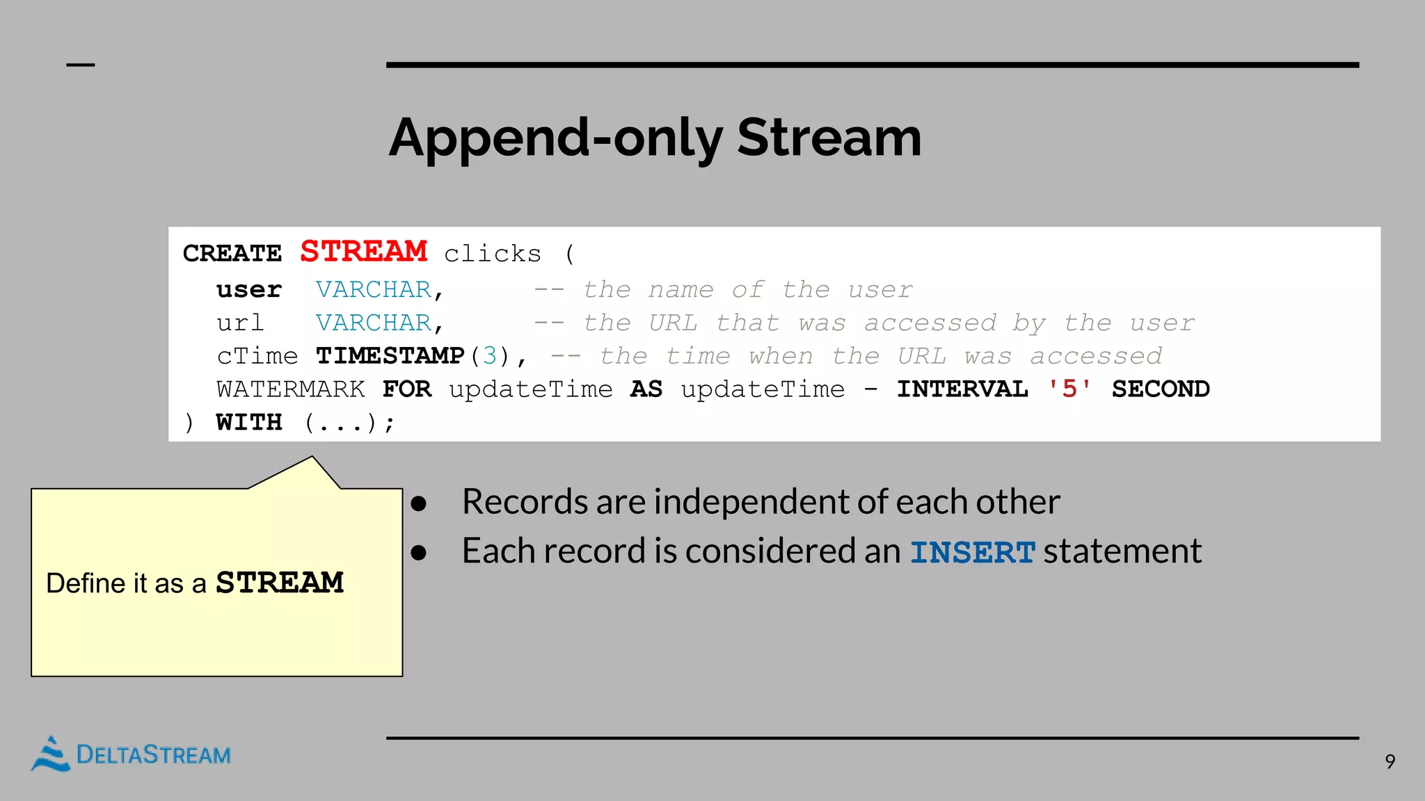 Append-only Stream
9
● Records are independent of each other
● Each record is considered an INSERT statement
CREATE STREAM clicks (
user VARCHAR, -- the name of the user
url VARCHAR, -- the URL that was accessed by the user
cTime TIMESTAMP(3), -- the time when the URL was accessed
WATERMARK FOR updateTime AS updateTime - INTERVAL '5' SECOND
) WITH (...);
Define it as a STREAM
 