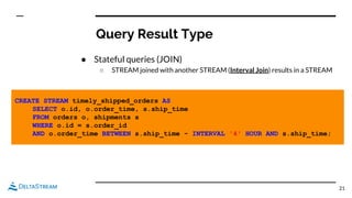 Query Result Type
● Stateful queries (JOIN)
○ STREAM joined with another STREAM (Interval Join) results in a STREAM
21
CREATE STREAM timely_shipped_orders AS
SELECT o.id, o.order_time, s.ship_time
FROM orders o, shipments s
WHERE o.id = s.order_id
AND o.order_time BETWEEN s.ship_time - INTERVAL '4' HOUR AND s.ship_time;
 