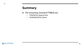 Summary
● For streaming, instead of TABLE use:
○ STREAM for Append-Only
○ CHANGELOG for Upsert
30
 