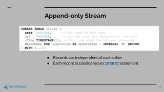 Append-only Stream
7
● Records are independent of each other
● Each record is considered an INSERT statement
CREATE TABLE clicks (
user VARCHAR, -- the name of the user
url VARCHAR, -- the URL that was accessed by the user
cTime TIMESTAMP(3), -- the time when the URL was accessed
WATERMARK FOR updateTime AS updateTime - INTERVAL '5' SECOND
) WITH (...);
 