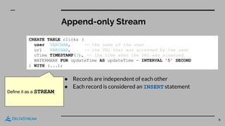 Append-only Stream
8
● Records are independent of each other
● Each record is considered an INSERT statement
CREATE TABLE clicks (
user VARCHAR, -- the name of the user
url VARCHAR, -- the URL that was accessed by the user
cTime TIMESTAMP(3), -- the time when the URL was accessed
WATERMARK FOR updateTime AS updateTime - INTERVAL '5' SECOND
) WITH (...);
Define it as a STREAM
 