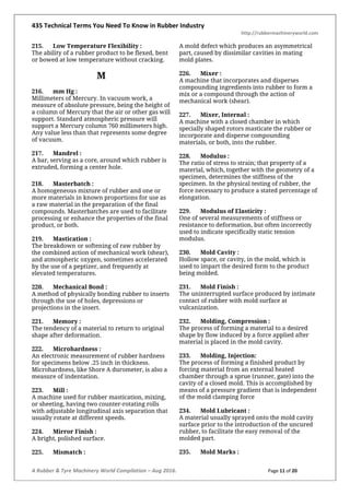 435 Technical Terms You Need To Know in Rubber Industry
http://rubbermachineryworld.com
A Rubber & Tyre Machinery World Compilation – Aug 2016. Page 11 of 20
215. Low Temperature Flexibility :
The ability of a rubber product to be flexed, bent
or bowed at low temperature without cracking.
M
216. mm Hg :
Millimeters of Mercury. In vacuum work, a
measure of absolute pressure, being the height of
a column of Mercury that the air or other gas will
support. Standard atmospheric pressure will
support a Mercury column 760 millimeters high.
Any value less than that represents some degree
of vacuum.
217. Mandrel :
A bar, serving as a core, around which rubber is
extruded, forming a center hole.
218. Masterbatch :
A homogeneous mixture of rubber and one or
more materials in known proportions for use as
a raw material in the preparation of the final
compounds. Masterbatches are used to facilitate
processing or enhance the properties of the final
product, or both.
219. Mastication :
The breakdown or softening of raw rubber by
the combined action of mechanical work (shear),
and atmospheric oxygen, sometimes accelerated
by the use of a peptizer, and frequently at
elevated temperatures.
220. Mechanical Bond :
A method of physically bonding rubber to inserts
through the use of holes, depressions or
projections in the insert.
221. Memory :
The tendency of a material to return to original
shape after deformation.
222. Microhardness :
An electronic measurement of rubber hardness
for specimens below .25 inch in thickness.
Microhardness, like Shore A durometer, is also a
measure of indentation.
223. Mill :
A machine used for rubber mastication, mixing,
or sheeting, having two counter-rotating rolls
with adjustable longitudinal axis separation that
usually rotate at different speeds.
224. Mirror Finish :
A bright, polished surface.
225. Mismatch :
A mold defect which produces an asymmetrical
part, caused by dissimilar cavities in mating
mold plates.
226. Mixer :
A machine that incorporates and disperses
compounding ingredients into rubber to form a
mix or a compound through the action of
mechanical work (shear).
227. Mixer, Internal :
A machine with a closed chamber in which
specially shaped rotors masticate the rubber or
incorporate and disperse compounding
materials, or both, into the rubber.
228. Modulus :
The ratio of stress to strain; that property of a
material, which, together with the geometry of a
specimen, determines the stiffness of the
specimen. In the physical testing of rubber, the
force necessary to produce a stated percentage of
elongation.
229. Modulus of Elasticity :
One of several measurements of stiffness or
resistance to deformation, but often incorrectly
used to indicate specifically static tension
modulus.
230. Mold Cavity :
Hollow space, or cavity, in the mold, which is
used to impart the desired form to the product
being molded.
231. Mold Finish :
The uninterrupted surface produced by intimate
contact of rubber with mold surface at
vulcanization.
232. Molding, Compression :
The process of forming a material to a desired
shape by flow induced by a force applied after
material is placed in the mold cavity.
233. Molding, Injection:
The process of forming a finished product by
forcing material from an external heated
chamber through a sprue (runner, gate) into the
cavity of a closed mold. This is accomplished by
means of a pressure gradient that is independent
of the mold clamping force
234. Mold Lubricant :
A material usually sprayed onto the mold cavity
surface prior to the introduction of the uncured
rubber, to facilitate the easy removal of the
molded part.
235. Mold Marks :
 