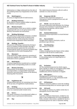 435 Technical Terms You Need To Know in Rubber Industry
http://rubbermachineryworld.com
A Rubber & Tyre Machinery World Compilation – Aug 2016. Page 12 of 20
Indentations or ridges embossed into the skin of
the molded product by irregularities in the mold
cavity.
236. Mold Register :
Accuracy of alignment/fit of mold sections.
237. Molding Solutions :
In the field of custom molded rubber or plastic,
the solution to your problems.
238. Mooney Scorch :
The measurement of the rate at which a rubber
compound will cure or set up by means of the
Mooney Viscometer test instrument.
239. Molding Shrinkage :
The difference in dimensions between a molded
product and the mold cavity in which it was
molded, both the mold and product being at
normal room temperature when measured.
240. Molding, Transfer :
The process of forming a material by forcing it
from an auxiliary heated chamber through a
sprue hole (runner, gate) into the cavity of a
closed mold by means of a pressure gradient that
is dependent on the mold clamping force.
241. Monomer :
A low molecular weight substance consisting of
molecules capable of reacting with like or unlike
molecules to form a polymer.
242. Mold Marks :
A surface imperfection transferred to a molded
product from corresponding marks on a mold.
243. Mooney Viscosity :
Measurement of the plasticity or viscosity of an
uncompounded, or compounded vulcanized,
elastomer seal material by means of the Mooney
Shearing Disk Viscometer.
N
244. Naphthenic Oil :
A hydrocarbon process oil containing more than
30 %, by mass, of naphthenic hydrocarbons.
245. Necking :
The localized reduction in cross section that may
occur in a material under tensile stress.
246. Nerve :
The elastic resistance of unvulcanized rubber or
rubber mixes to permanent deformation.
247. Nip :
The radial clearance between rolls of a mill or
calendar on a line of centers.
248. Neoprene (GR-M) :
A DuPont Dow Elastomers polymer of
chloroprene which is prepared from coal, salt
and limestone.
249. Nitrile : (see also Buna-N)
The most commonly used elastomer for O-Rings
because of its resistance to petroleum fluids, its
good physical properties, and its useful
temperature range.
250. Nominal Dimension :
Nearest fractional equivalent to actual decimal
dimension.
251. Non-aromatic :
Straight chain organic structures, such as
petroleum type solvents.
252. Non-blooming :
The absence of "bloom".
253. Non-fill :
A defect resulting from the failure of the rubber
material to fill out all of a mold cavity.
254. Non-Sulfur Vulcanizing System :
A vulcanizing system not requiring free or
donated sulfur.
O
255. Occlusion :
(A) The mechanical process by which vapors,
gases, liquids or solids are entrapped within folds
of a given substance during working or
solidification; (B) the materials so trapped.
256. Off-register :
Misalignment of mold halves causing
asymmetrical parts, i.e. top and bottom mold
plates don’t line up properly..
257. Oil Resistant :
Ability to vulcanize rubber to resist the swelling
and deteriorating effects of various types of oils.
258. Oil Swell :
The change in volume of a rubber article due to
absorption of oil or other fluid.
259. O-Ring :
A product of precise dimensions, molded in one
piece, to the configuration of a torus (doughnut)
with a circular cross section, suitable for use in a
machined groove for static or dynamic sealing.
 