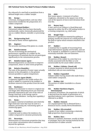 435 Technical Terms You Need To Know in Rubber Industry
http://rubbermachineryworld.com
A Rubber & Tyre Machinery World Compilation – Aug 2016. Page 15 of 20
the rebound of a steel ball or pendulum from a
defined height onto a rubber sample.
302. Recipe :
A formula, mixing procedure, and any other
instructions needed for the preparation of a
rubber compound.
303. Reclaimed Rubber :
Vulcanized rubber that has been thermally,
mechanically, and/or chemically plasticized for
use as a rubber diluent, extender, or processing
aid.
304. Reciprocating Seal :
Seal used in linear motion application.
305. Register :
The accurate matching of the plates in a mold.
306. Reinforcement:
The act of increasing the mechanical
performance capability of a rubber by the
incorporation of materials that do not participate
significantly in the vulcanization process.
307. Reinforcement Agent :
Material dispersed in an elastomer to improve
compression, shear or other stress properties.
308. Relative Humidity :
The ratio of the quantity of water vapor actually
present in the atmosphere, to the greatest
amount possible at a given temperature.
309. Release Agent (Mold) :
A substance applied to the inside surface of a
mold or added to a material to be molded, to
facilitate removal of the product from the mold.
310. Resilience :
Ability of an elastomer to return to original size
and shape after deforming forces are removed;
generally expressed in per cent of the ratio of
energy removed, to the energy used in
compressing. (Resilient : having that capability.)
311. Resin :
An organic material of indefinite and relatively
high molecular mass that may be used as a
softener, processing aid, vulcanizing agent, or
reinforcing agent.
312. Retarder :
A material used to reduce the tendency of a
rubber compound to vulcanize prematurely.
313. Reversion :
Deterioration of vulcanizate properties that may
occur when vulcanization time is extended
beyond the optimum.
314. RMS:
Root mean square. A measure of surface
roughness, calculated as the square root of the
sum of the squares of micro-inch deviation from
true flat.
315. Rotary Seal :
A seal, such as an O-Ring or a Quad-Ring seal,
exposed on either the ID or OD sealing surface to
a rotating component, e.g. shaft seals.
316. Rough Trim :
Removal of superfluous material by pulling or
picking; usually the removal of a small portion of
the flash or sprue which remains attached to the
product.
317. Rubber :
A material that is capable of recovering from
large deformations quickly and forcibly, and can
be, or already is, modified to a state in which it is
essentially insoluble. Also see Elastomer.
318. Rubber, Bound :
The portion of the rubber in a mix that is so
closely associated with the filler as to be
unextractable by the usual rubber solvents.
319. Rubber, Cellular, Closed cell:
A cellular material in which practically all the
individual cells are non-connecting.
320. Rubber, Expanded:
Cellular rubber having closed cells made from a
solid rubber compound.
321. Rubber, Gel:
The portion of rubber insoluble in a chosen
solvent.
322. Rubber Hardness Degree,
International:
A measure of hardness, the magnitude of which
is derived from the depth of penetration of a
specified indenter into a specimen. Commonly
referred to as IRHD.
323. Rubber, Natural:
cis-1,4-polyisoprene that is obtained from a
botanical source, usually Hevea Brasiliensis.
324. Rubber, Oil-extended :
A grade of raw rubber containing a relatively
high proportion of processing oil.
325. Rubber, Raw :
Natural or synthetic elastomer, usually in bales
or packages, that is the starting material for the
manufacture of rubber articles.
 