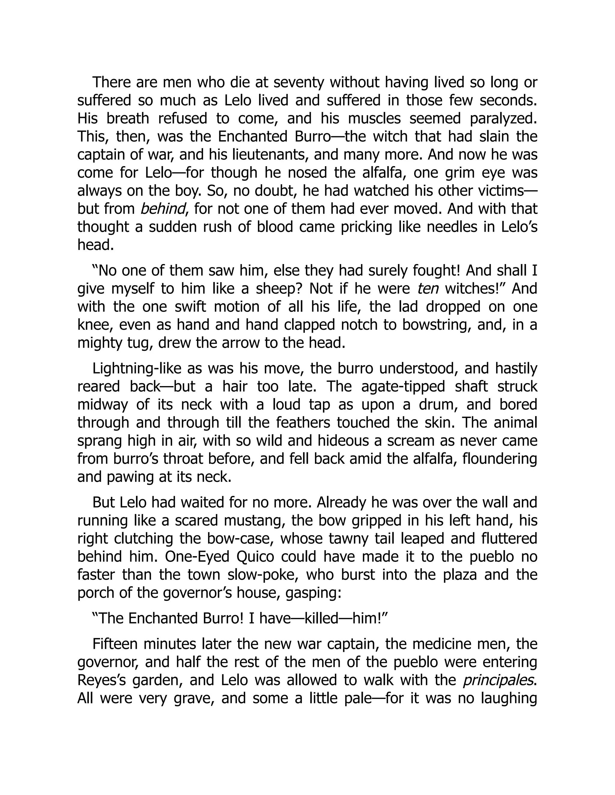 There are men who die at seventy without having lived so long or
suffered so much as Lelo lived and suffered in those few seconds.
His breath refused to come, and his muscles seemed paralyzed.
This, then, was the Enchanted Burro—the witch that had slain the
captain of war, and his lieutenants, and many more. And now he was
come for Lelo—for though he nosed the alfalfa, one grim eye was
always on the boy. So, no doubt, he had watched his other victims—
but from behind, for not one of them had ever moved. And with that
thought a sudden rush of blood came pricking like needles in Lelo’s
head.
“No one of them saw him, else they had surely fought! And shall I
give myself to him like a sheep? Not if he were ten witches!” And
with the one swift motion of all his life, the lad dropped on one
knee, even as hand and hand clapped notch to bowstring, and, in a
mighty tug, drew the arrow to the head.
Lightning-like as was his move, the burro understood, and hastily
reared back—but a hair too late. The agate-tipped shaft struck
midway of its neck with a loud tap as upon a drum, and bored
through and through till the feathers touched the skin. The animal
sprang high in air, with so wild and hideous a scream as never came
from burro’s throat before, and fell back amid the alfalfa, floundering
and pawing at its neck.
But Lelo had waited for no more. Already he was over the wall and
running like a scared mustang, the bow gripped in his left hand, his
right clutching the bow-case, whose tawny tail leaped and fluttered
behind him. One-Eyed Quico could have made it to the pueblo no
faster than the town slow-poke, who burst into the plaza and the
porch of the governor’s house, gasping:
“The Enchanted Burro! I have—killed—him!”
Fifteen minutes later the new war captain, the medicine men, the
governor, and half the rest of the men of the pueblo were entering
Reyes’s garden, and Lelo was allowed to walk with the principales.
All were very grave, and some a little pale—for it was no laughing
 