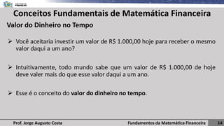 Fundamentos da Matemática Financeira 14
Prof. Jorge Augusto Costa
Conceitos Fundamentais de Matemática Financeira
➢ Você aceitaria investir um valor de R$ 1.000,00 hoje para receber o mesmo
valor daqui a um ano?
➢ Intuitivamente, todo mundo sabe que um valor de R$ 1.000,00 de hoje
deve valer mais do que esse valor daqui a um ano.
➢ Esse é o conceito do valor do dinheiro no tempo.
Valor do Dinheiro no Tempo
 