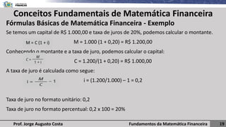 Fundamentos da Matemática Financeira 19
Prof. Jorge Augusto Costa
Conceitos Fundamentais de Matemática Financeira
Fórmulas Básicas de Matemática Financeira - Exemplo
Se temos um capital de R$ 1.000,00 e taxa de juros de 20%, podemos calcular o montante.
M = 1.000 (1 + 0,20) = R$ 1.200,00
Conhecendo o montante e a taxa de juro, podemos calcular o capital:
C = 1.200/(1 + 0,20) = R$ 1.000,00
A taxa de juro é calculada como segue:
i = (1.200/1.000) – 1 = 0,2
Taxa de juro no formato unitário: 0,2
Taxa de juro no formato percentual: 0,2 x 100 = 20%
 