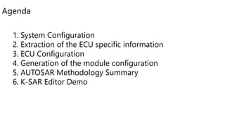 Agenda
1. System Configuration
2. Extraction of the ECU specific information
3. ECU Configuration
4. Generation of the module configuration
5. AUTOSAR Methodology Summary
6. K-SAR Editor Demo
 