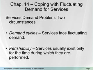 Chap. 14 – Coping with Fluctuating Demand for Services Services Demand Problem: Two circumstances Demand cycles – Services face fluctuating demand. Perishability – Services usually exist only for the time during which they are performed. 