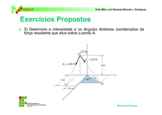 Aula 5                                 Prof. MSc. Luiz Eduardo Miranda J. Rodrigues



Exercícios Propostos
 5) Determine a intensidade e os ângulos diretores coordenados da
 força resultante que atua sobre o ponto A.




                                                         Mecânica Técnica
 