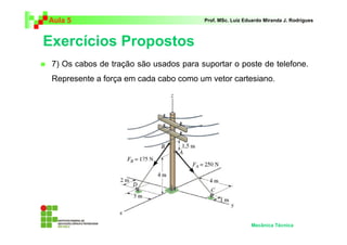 Aula 5                                  Prof. MSc. Luiz Eduardo Miranda J. Rodrigues



Exercícios Propostos
 7) Os cabos de tração são usados para suportar o poste de telefone.
 Represente a força em cada cabo como um vetor cartesiano.




                                                          Mecânica Técnica
 