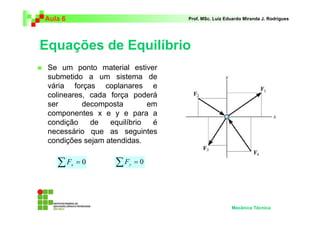 Aula 6                            Prof. MSc. Luiz Eduardo Miranda J. Rodrigues




Equações de Equilíbrio
 Se um ponto material estiver
 submetido a um sistema de
 vária forças coplanares e
 colineares, cada força poderá
 ser       decomposta        em
 componentes x e y e para a
 condição    de   equilíbrio  é
 necessário que as seguintes
 condições sejam atendidas.


   ∑F    x   =0    ∑F   y   =0




                                                    Mecânica Técnica
 