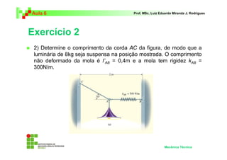 Aula 6                                 Prof. MSc. Luiz Eduardo Miranda J. Rodrigues




Exercício 2
 2) Determine o comprimento da corda AC da figura, de modo que a
 luminária de 8kg seja suspensa na posição mostrada. O comprimento
 não deformado da mola é l’AB = 0,4m e a mola tem rigidez kAB =
 300N/m.




                                                         Mecânica Técnica
 