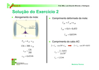 Aula 6                                  Prof. MSc. Luiz Eduardo Miranda J. Rodrigues



Solução do Exercício 2
 Alongamento da mola:         Comprimento deformado da mola:
                                               l AB = l ' AB + s AB

                                             l AB = 0,4 + 0,453

                                                  l AB = 0,853 m

         TAB = k AB ⋅ s AB    Comprimento do cabo AC:
         136 = 300 ⋅ s AB    2 = l AC ⋅ cos 30º +l AB           2 = l AC ⋅ cos 30º +0,853

                    136
           s AB =                          2 − 0,853
                    300           l AC =
                                            cos 30 º
          s AB = 0,453 m
                                  l AC = 1,32 m


                                                            Mecânica Técnica
 