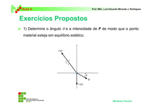 Aula 6                                     Prof. MSc. Luiz Eduardo Miranda J. Rodrigues



Exercícios Propostos
 1) Determine o ângulo θ e a intensidade de F de modo que o ponto
 material esteja em equilíbrio estático.




                                                             Mecânica Técnica
 