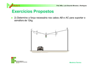 Aula 6                                 Prof. MSc. Luiz Eduardo Miranda J. Rodrigues



Exercícios Propostos
 2) Determine a força necessária nos cabos AB e AC para suportar o
 semáforo de 12kg.




                                                         Mecânica Técnica
 
