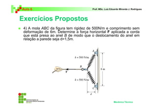 Aula 6                                 Prof. MSc. Luiz Eduardo Miranda J. Rodrigues



Exercícios Propostos
 4) A mola ABC da figura tem rigidez de 500N/m e comprimento sem
 deformação de 6m. Determine a força horizontal F aplicada a corda
 que está presa ao anel B de modo que o deslocamento do anel em
 relação a parede seja d=1,5m.




                                                         Mecânica Técnica
 