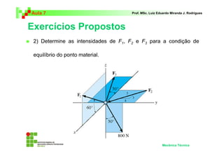 Aula 7                               Prof. MSc. Luiz Eduardo Miranda J. Rodrigues



Exercícios Propostos
 2) Determine as intensidades de F1, F2 e F3 para a condição de

 equilíbrio do ponto material.




                                                       Mecânica Técnica
 