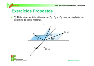 Aula 7                               Prof. MSc. Luiz Eduardo Miranda J. Rodrigues



Exercícios Propostos
 3) Determine as intensidades de F1, F2 e F3 para a condição de
 equilíbrio do ponto material.




                                                       Mecânica Técnica
 