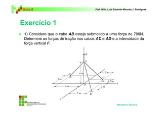 Aula 8                                  Prof. MSc. Luiz Eduardo Miranda J. Rodrigues




Exercício 1
 1) Considere que o cabo AB esteja submetido a uma força de 700N.
 Determine as forças de tração nos cabos AC e AD e a intensidade da
 força vertical F.




                                                          Mecânica Técnica
 