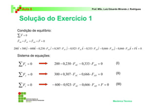 Aula 8                                                              Prof. MSc. Luiz Eduardo Miranda J. Rodrigues



     Solução do Exercício 1
   Condição de equilíbrio:
      r
   ∑  F =0
   r     r     r     r
   FAB + FAC + FAD + F = 0
   r       r      r               r               r               r               r               r               r    r
200i + 300 j − 600k − 0,230 ⋅ FAC i + 0,307 ⋅ FAC j − 0,923 ⋅ FAC k − 0,333 ⋅ FAD i − 0,666 ⋅ FAD j − 0,666 ⋅ FAD k + Fk = 0

   Sistema de equações:

    ∑F    x    =0                      200 − 0,230 ⋅ FAC − 0,333 ⋅ FAD = 0                         (I)


    ∑F     y   =0                      300 + 0,307 ⋅ FAC − 0,666 ⋅ FAD = 0                         (II)


    ∑F    z    =0                    − 600 − 0,923 ⋅ FAC − 0,666 ⋅ FAD + F = 0                     (III)




                                                                                                Mecânica Técnica
 