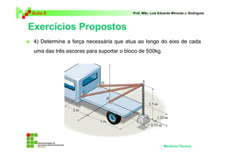 Aula 8                                   Prof. MSc. Luiz Eduardo Miranda J. Rodrigues



Exercícios Propostos
 4) Determine a força necessária que atua ao longo do eixo de cada
 uma das três escoras para suportar o bloco de 500kg.




                                                           Mecânica Técnica
 