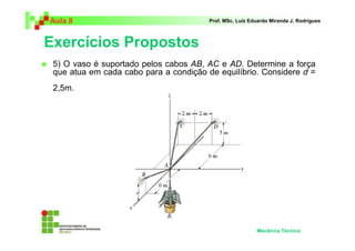 Aula 8                                  Prof. MSc. Luiz Eduardo Miranda J. Rodrigues



Exercícios Propostos
 5) O vaso é suportado pelos cabos AB, AC e AD. Determine a força
 que atua em cada cabo para a condição de equilíbrio. Considere d =
 2,5m.




                                                          Mecânica Técnica
 
