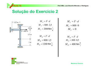 Aula 10                        Prof. MSc. Luiz Eduardo Miranda J. Rodrigues



Solução do Exercício 2

              MA = F ⋅d                     MC = F ⋅d
             M A = 800 ⋅ 2,5              M C = 800 ⋅ 0
            M A = 2000 Nm                    MC = 0

              MB = F ⋅d                     MD = F ⋅d
            M B = 800 ⋅ 1,5               M D = 800 ⋅ 0,5
           M B = 1200 Nm                 M D = 400 Nm




                                                 Mecânica Técnica
 