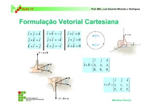 Aula 11                                      Prof. MSc. Luiz Eduardo Miranda J. Rodrigues




Formulação Vetorial Cartesiana
   r r r      r r       r   r r
   i× j =k    i ×k = −j     i ×i = 0
   r r r      r r       r   r r
   j ×k = i    j × i = −k    j× j =0
   r r r       r r      r    r r
   k ×i = j   k × j = −i    k ×k = 0


                                               r     r     r
                                               i     j     k
                                       r r
                                       A × B = Ax   Ay    Az
                                              Bx    By    Bz

                                                                  r     r    r
                                                                  i     j    k
                                                         r r
                                                         r × F = rx    ry   rz
                                                                 Fx    Fy   Fz


                                                               Mecânica Técnica
 