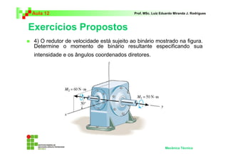 Aula 12                                   Prof. MSc. Luiz Eduardo Miranda J. Rodrigues



Exercícios Propostos
 4) O redutor de velocidade está sujeito ao binário mostrado na figura.
 Determine o momento de binário resultante especificando sua
 intensidade e os ângulos coordenados diretores.




                                                            Mecânica Técnica
 