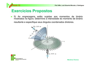 Aula 12                                  Prof. MSc. Luiz Eduardo Miranda J. Rodrigues



Exercícios Propostos
 5) As engrenagens estão sujeitas aos momentos de binário
 mostrados na figura. Determine a intensidade do momento de binário
 resultante e especifique seus ângulos coordenados diretores.




                                                           Mecânica Técnica
 