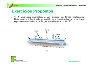 Aula 13                              Prof. MSc. Luiz Eduardo Miranda J. Rodrigues



Exercícios Propostos
 1) A viga está submetida a um sistema de forças coplanares.
 Determine a intensidade o sentido e a localização de uma força
 equivalente ao sistema de forças em relação ao ponto E.




                                                       Mecânica Técnica
 