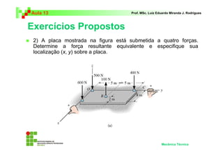 Aula 13                              Prof. MSc. Luiz Eduardo Miranda J. Rodrigues



Exercícios Propostos
 2) A placa mostrada na figura está submetida a quatro forças.
 Determine a força resultante equivalente e especifique sua
 localização (x, y) sobre a placa.




                                                       Mecânica Técnica
 