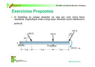 Aula 13                                  Prof. MSc. Luiz Eduardo Miranda J. Rodrigues



Exercícios Propostos
 4) Substitua as cargas atuantes na viga por uma única força
 resultante. Especifique onde a força atua, tomando como referência o
 ponto B.




                                                           Mecânica Técnica
 