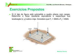 Aula 13                                   Prof. MSc. Luiz Eduardo Miranda J. Rodrigues



Exercícios Propostos
 5) A laje da figura está submetida a quatro pilares com cargas.
 Determine a força resultante equivalente e especifique sua
 localização (x, y) sobre a laje. Considere que F1 = 30kN e F2 = 40kN.




                                                            Mecânica Técnica
 