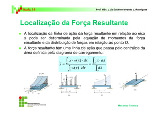 Aula 14                                       Prof. MSc. Luiz Eduardo Miranda J. Rodrigues




Localização da Força Resultante
 A localização da linha de ação da força resultante em relação ao eixo
 x pode ser determinada pela equação de momentos da força
 resultante e da distribuição de forças em relação ao ponto O.
 A força resultante tem uma linha de ação que passa pelo centróide da
 área definida pelo diagrama de carregamento.

                    x=
                       ∫ x ⋅ w( x) ⋅ dx = ∫ x ⋅ dA
                         L                A

                        ∫ w( x) ⋅ dx
                             L              ∫ dA
                                               A




                                                                Mecânica Técnica
 