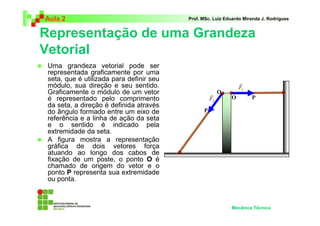 Aula 2                                    Prof. MSc. Luiz Eduardo Miranda J. Rodrigues


Representação de uma Grandeza
Vetorial
 Uma grandeza vetorial pode ser
 representada graficamente por uma
 seta, que é utilizada para definir seu
 módulo, sua direção e seu sentido.
 Graficamente o módulo de um vetor
 é representado pelo comprimento
 da seta, a direção é definida através
 do ângulo formado entre um eixo de
 referência e a linha de ação da seta
 e o sentido é indicado pela
 extremidade da seta.
 A figura mostra a representação
 gráfica de dois vetores força
 atuando ao longo dos cabos de
 fixação de um poste, o ponto O é
 chamado de origem do vetor e o
 ponto P representa sua extremidade
 ou ponta.



                                                            Mecânica Técnica
 