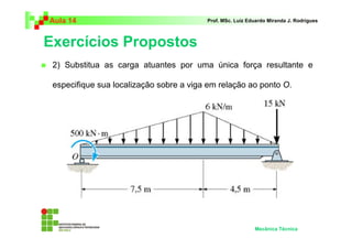 Aula 14                                  Prof. MSc. Luiz Eduardo Miranda J. Rodrigues



Exercícios Propostos
 2) Substitua as carga atuantes por uma única força resultante e

 especifique sua localização sobre a viga em relação ao ponto O.




                                                           Mecânica Técnica
 