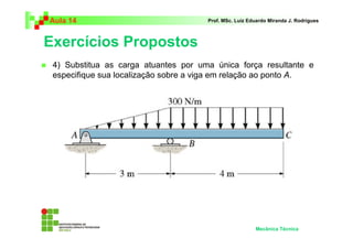 Aula 14                               Prof. MSc. Luiz Eduardo Miranda J. Rodrigues



Exercícios Propostos
 4) Substitua as carga atuantes por uma única força resultante e
 especifique sua localização sobre a viga em relação ao ponto A.




                                                        Mecânica Técnica
 