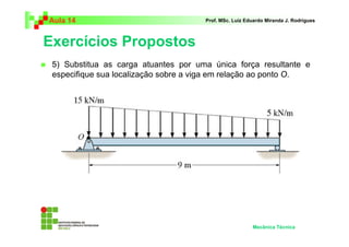Aula 14                               Prof. MSc. Luiz Eduardo Miranda J. Rodrigues



Exercícios Propostos
 5) Substitua as carga atuantes por uma única força resultante e
 especifique sua localização sobre a viga em relação ao ponto O.




                                                        Mecânica Técnica
 