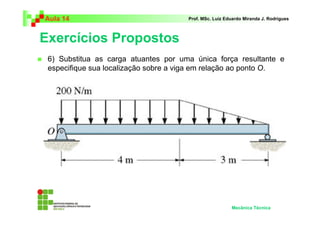 Aula 14                               Prof. MSc. Luiz Eduardo Miranda J. Rodrigues



Exercícios Propostos
 6) Substitua as carga atuantes por uma única força resultante e
 especifique sua localização sobre a viga em relação ao ponto O.




                                                        Mecânica Técnica
 