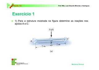 Aula 15                               Prof. MSc. Luiz Eduardo Miranda J. Rodrigues




Exercício 1
 1) Para a estrutura mostrada na figura determine as reações nos
 apoios A e C.




                                                        Mecânica Técnica
 
