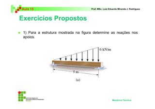 Aula 15                               Prof. MSc. Luiz Eduardo Miranda J. Rodrigues



Exercícios Propostos

 1) Para a estrutura mostrada na figura determine as reações nos
 apoios.




                                                        Mecânica Técnica
 