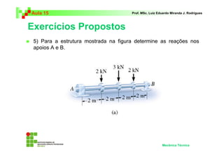 Aula 15                               Prof. MSc. Luiz Eduardo Miranda J. Rodrigues



Exercícios Propostos
 5) Para a estrutura mostrada na figura determine as reações nos
 apoios A e B.




                                                        Mecânica Técnica
 