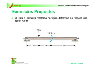 Aula 15                               Prof. MSc. Luiz Eduardo Miranda J. Rodrigues



Exercícios Propostos
 6) Para a estrutura mostrada na figura determine as reações nos
 apoios A e B.




                                                        Mecânica Técnica
 