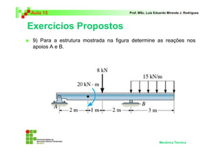 Aula 15                               Prof. MSc. Luiz Eduardo Miranda J. Rodrigues



Exercícios Propostos
 9) Para a estrutura mostrada na figura determine as reações nos
 apoios A e B.




                                                        Mecânica Técnica
 