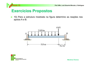 Aula 15                                Prof. MSc. Luiz Eduardo Miranda J. Rodrigues



Exercícios Propostos
 10) Para a estrutura mostrada na figura determine as reações nos
 apoios A e B.




                                                         Mecânica Técnica
 
