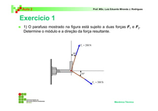 Aula 2                                   Prof. MSc. Luiz Eduardo Miranda J. Rodrigues



Exercício 1
 1) O parafuso mostrado na figura está sujeito a duas forças F1 e F2.
 Determine o módulo e a direção da força resultante.




                             10°




                                                           Mecânica Técnica
 