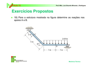 Aula 15                                Prof. MSc. Luiz Eduardo Miranda J. Rodrigues



Exercícios Propostos
 18) Para a estrutura mostrada na figura determine as reações nos
 apoios A e B.




                                                         Mecânica Técnica
 